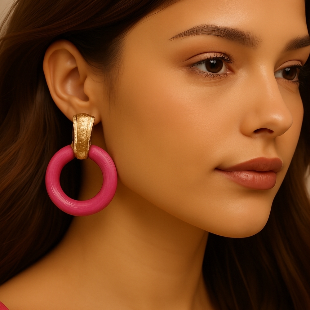 Stylish Dainty Gold tone Pink Hoop Drop post Earrings - Women's Fashion Jewelry